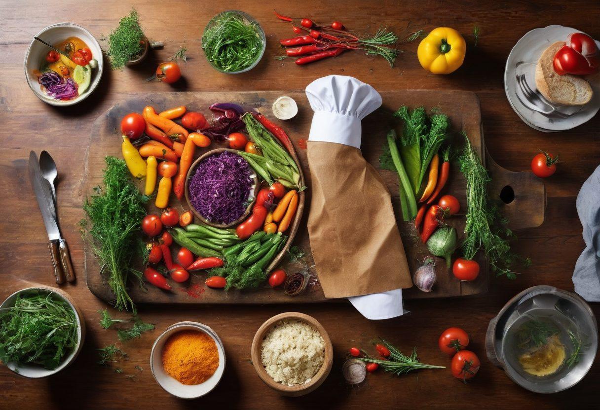 A vibrant collage showcasing a variety of colorful fresh vegetables, herbs, and spices artistically arranged around a rustic wooden table. In the center, a beautifully plated gourmet dish, steam rising enticingly, while a chef's hat and cooking utensils subtly blend in the background. Bright, sunlit atmosphere evokes a sense of warmth and creativity in cooking. super-realistic. vibrant colors. white background.