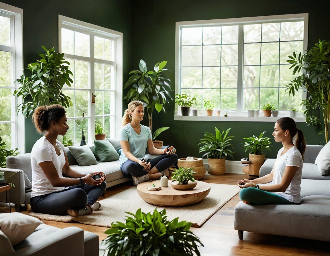 A serene scene depicting a diverse group of people using modern technology for wellness, like smartwatches, meditation apps, and fitness trackers. Include visual elements like lush green plants and soothing colors, symbolizing balance and health. Showcase wellness gadgets incorporated into a cozy home environment to highlight innovation. super-realistic. vibrant colors. soft natural lighting.
