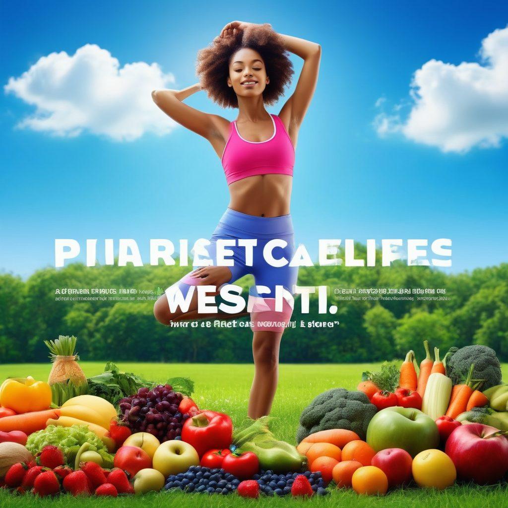 A serene wellness scene featuring a diverse group of people engaging in various fitness activities like yoga, jogging, and healthy cooking. The background showcases vibrant green nature, a bright blue sky, and colorful fruits and vegetables symbolizing nutrition. Include motivating quotes in stylish typography scattered throughout the image. The overall atmosphere should evoke a sense of health, community, and positivity. super-realistic. vibrant colors. white background.
